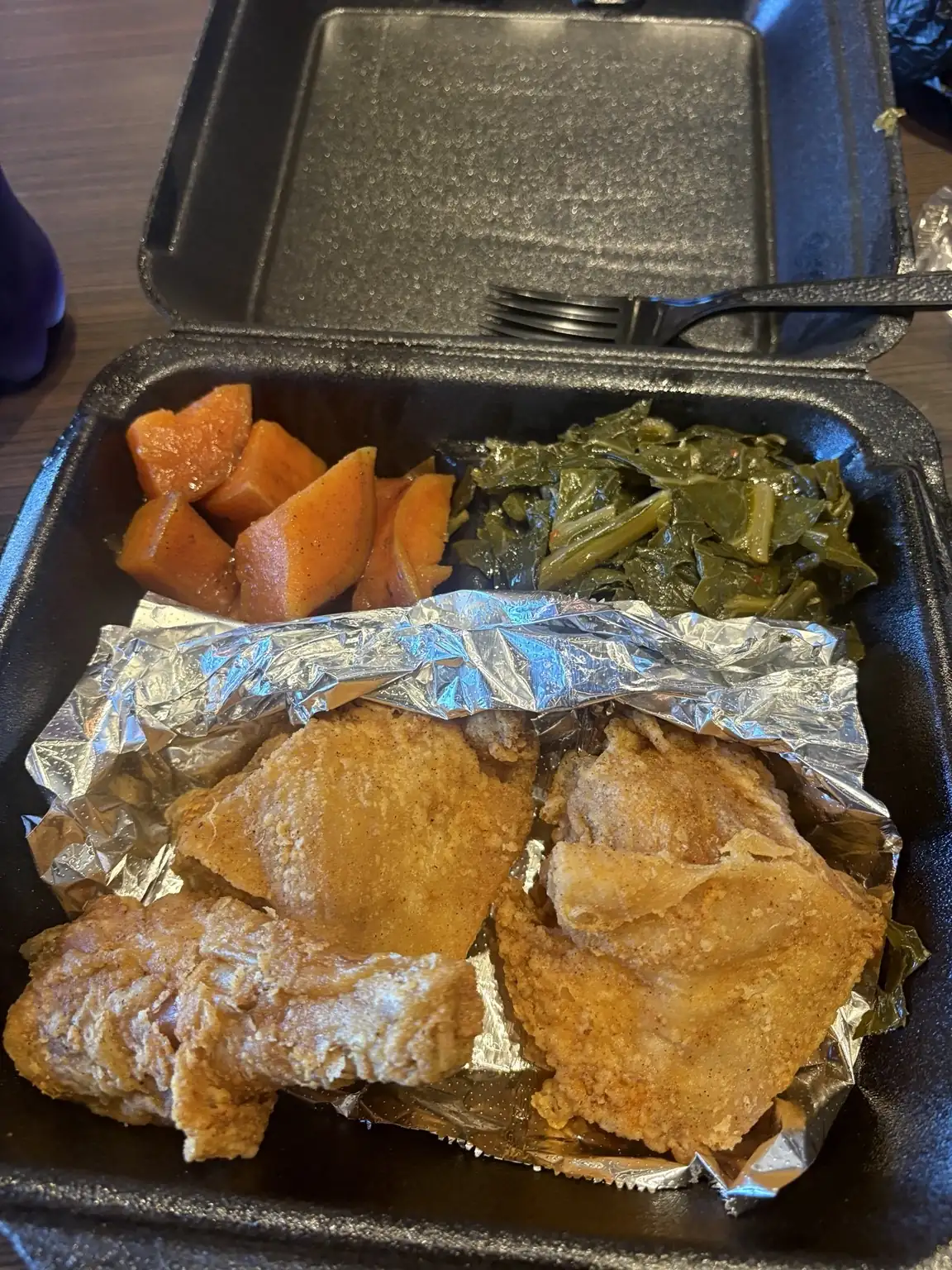 Fried chicken, greens and sweet potatoes at lunch.
