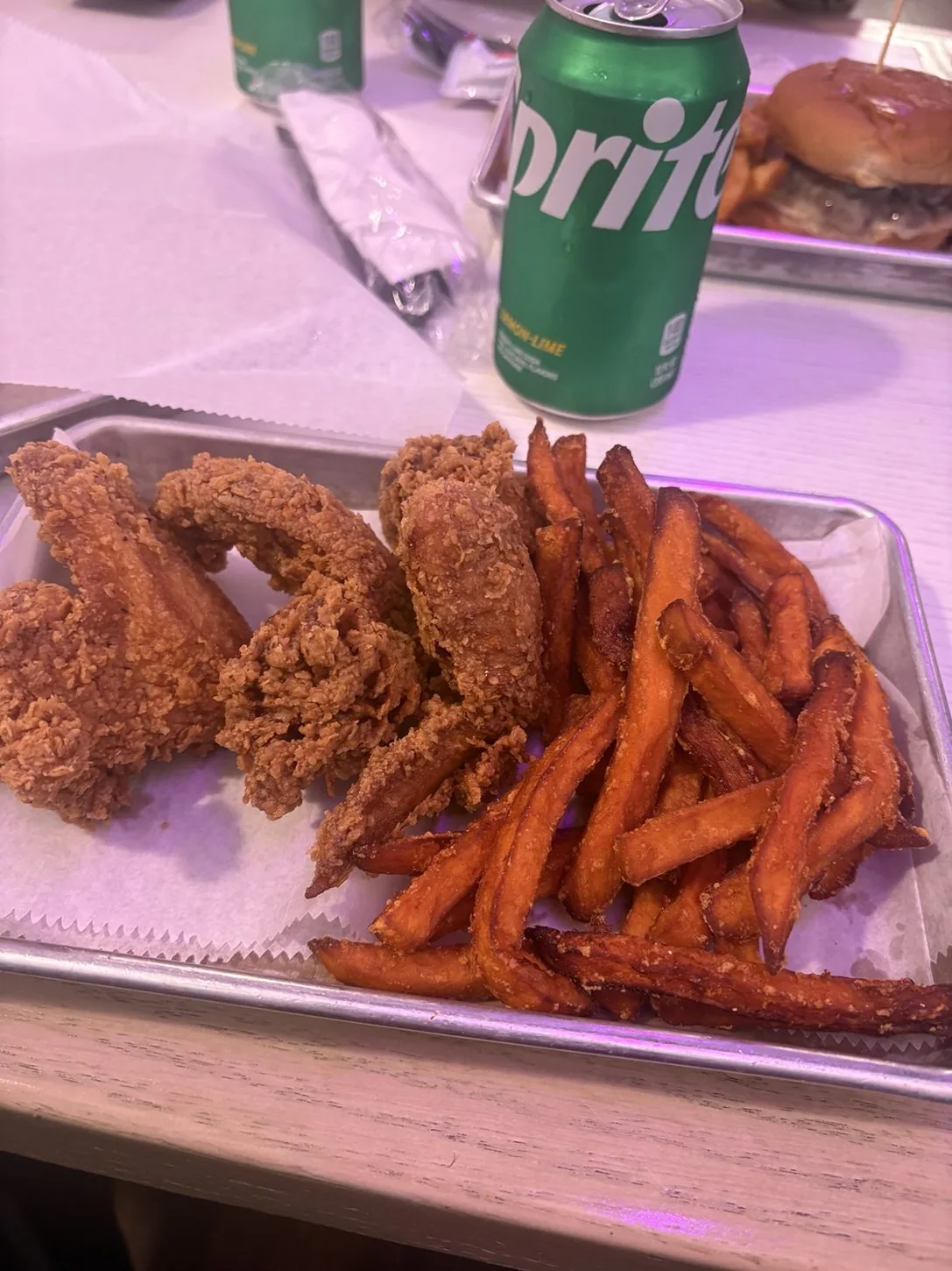 Fried chicken and sweet potato fries before the game.